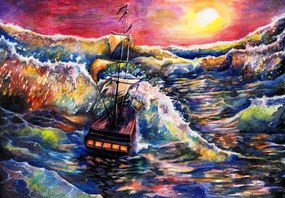 Fototapet - Navă pe valurile oceanului, acuarelă (147x102 cm)