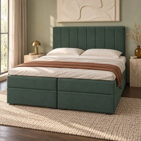 Pat boxspring din catifea Novella cu ladă 140×200 cm, verde