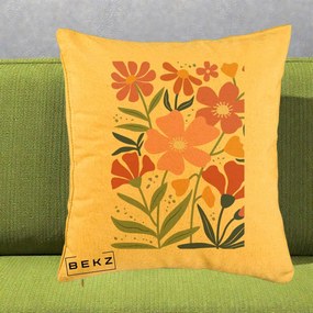 Perna Decorativa Flori Grafice Roz si Terracotta, 40x40 cm, Galben, Husa Detasabila, Perna Inclusa, BEKZ®