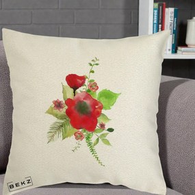 Perna decorativa cu flori: Buchet Rosu Acuarela, 40x40 cm cu Umplutura, Ecru, BEKZ