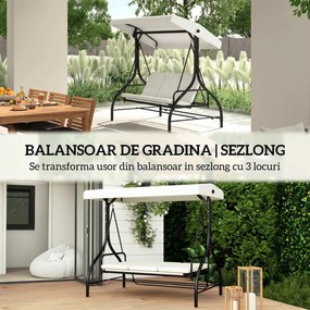 Outusunny Leagăn cu 3 Locuri de Grădină, Balansoar pentru Exterior cu Acoperiș Reglabil, din Oțel și Poliester, 195x117x175 cm, Crem | Aosom Romania