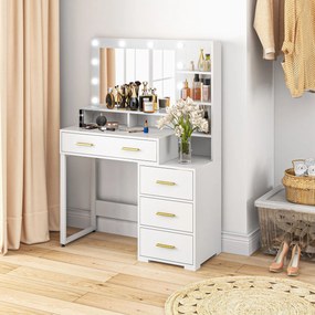HOMCOM Masă de Machiaj Albă cu Oglindă, 4 Sertare și 6 Rafturi Deschise 100x40x138 cm | Aosom Romania