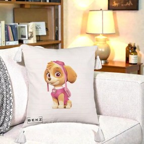 Perna Personalizata Skye PAW Patrol Roz, 40x40 cm, Bej cu Franjuri, Husa Detasabila, Perna Inclusa, BEKZ®