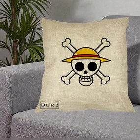 Perna Personalizata One Piece Jolly Roger Straw Hat Pirates, 40x40 cm, Crem, Husa Detasabila, Perna Inclusa, BEKZ®