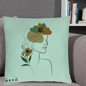 Perna decorativa line art Portret Feminin Flori Multicolore, 40x40 cm cu Umplutura, Verde Menta, BEKZ