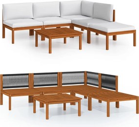 vidaXL Set fotoliu de grădină cu 6 piese, perne, lemn crem, acacia și frânghie