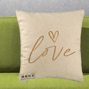 Perna Decorativa Love Caligrafie Aurie, 40x40 cm, Bej, Husa Detasabila, Perna Inclusa, BEKZ®