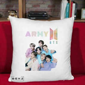 Perna Personalizata K-pop BTS ARMY Fotografie Grup Veseli, 40x40 cm, Alb Pufos, Husa Detasabila, Perna Inclusa, BEKZ®