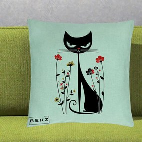 Perna Decorativa Pisica Neagra Grafica Flori Rosii, 40x40 cm, Verde Menta, Husa Detasabila, Perna Inclusa, BEKZ®