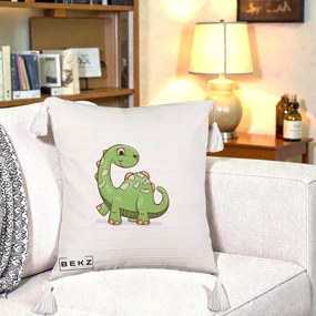 Perna Decorativa Brontosaur Verde Simpatic, 40x40 cm, Bej cu Franjuri, Husa Detasabila, Perna Inclusa, BEKZ®