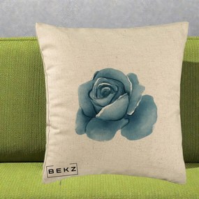 Perna Decorativa Trandafir Albastru Acuarela, 40x40 cm, Bej, Husa Detasabila, Perna Inclusa, BEKZ®