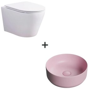 Set vas wc rimless cu capac soft close Oslo plus lavoar baie rotund roz mat
