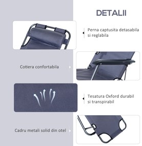 Sezlong Pliabil Outsunny cu brate de Gradina sau Pisina, Metal tesatura Oxford, Buzunar depozitare, Gri | Aosom Romania