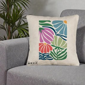 Perna Decorativa Flori Grafice Multicolore Modern, 40x40 cm, Bej Canapea, Husa Detasabila, Perna Inclusa, BEKZ®