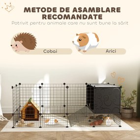 PawHut Cușcă Modulară pentru Animale Mici cu 2 Căsuțe Ridicate, Țarc cu 31 de Panouri, 140x70x52 cm, Negru | Aosom Romania