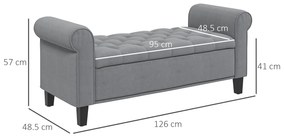 HOMCOM Bancă de Hol, Material Efect Catifea, Spațiu Depozitare, Cotiere Rulate, Design Modern, 126x48.5x57 cm, Gri | Aosom Romania