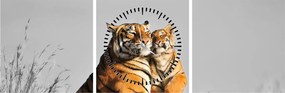 Tablou - Tigroaica cu pui, versiunea alb-negru (cu ceas) (90x30 cm)