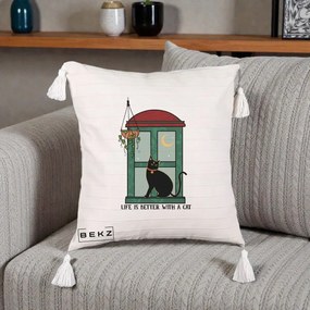 Perna Personalizata Life is Better with a Cat Geam, 40x40 cm, Bej cu Franjuri, Husa Detasabila, Perna Inclusa, BEKZ®
