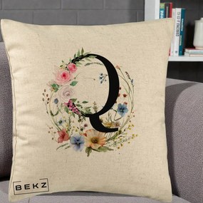Cadou Personalizat - Perna Personalizata Monogram Litera Q cu Flori Acuarela, 40x40 cm, Bej, Husa Detasabila, Perna Inclusa, BEKZ®