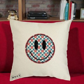 Perna Decorativa Smiley Face Checkered cu Floricele, 40x40 cm, Ecru, Husa Detasabila, Perna Inclusa, BEKZ®