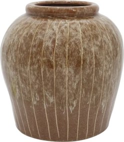 Vază decorativă din ceramică artizanală glazurată maro antichizat, lucrată manual, cu dungi fine, 23x23 cm, „Muscade"