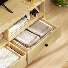 HOMCOM Mobilier TV pentru până la 75", cu 3 sertare, 3 rafturi deschise și canal pentru cabluri, 140 x 34 x 45 cm, lemn natural | Aosom Romania