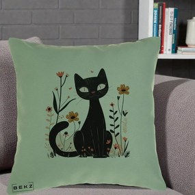 Perna Decorativa Pisica Neagra Flori Pastel Folk, 40x40 cm, Verde, Husa Detasabila, Perna Inclusa, BEKZ®