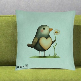 Perna Decorativa Pasare cu Inima si Margareta, 40x40 cm, Verde Menta, Husa Detasabila, Perna Inclusa, BEKZ®