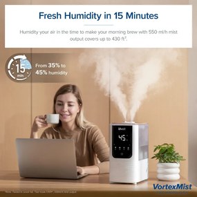 Umidificator Levoit OasisMist 450S LUH-O451S-WEU, 40 m², 280 W, 4,5 l, Aromaterapie, Autonomie de 45 de ore, Alb
