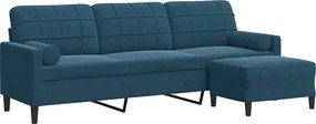 vidaXL Canapea cu 3 locuri și taburet, albastru, 210 cm, catifea