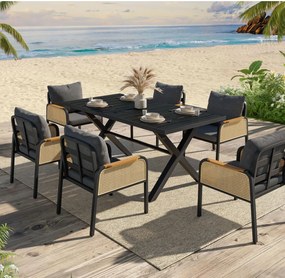 Set modern de masă pentru grădină și terasă, 6 piese, cu cadru din fier în formă de cruce, Negru+Culoare naturală