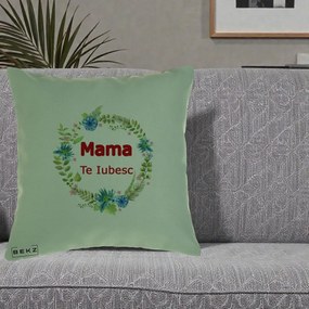 Cadou pentru Mama - Perna Personalizata Mama Te Iubesc Flori Albastre, 40x40 cm, Verde, Husa Detasabila, Perna Inclusa, BEKZ®