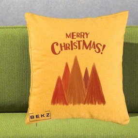 Perna Decorativa Merry Christmas Brazi Roz, 40x40 cm, Galben, Husa Detasabila, Perna Inclusa, BEKZ®