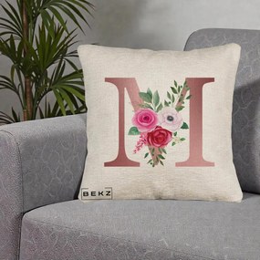 Cadou Personalizat - Perna Personalizata Monograma Rose Gold Litera M cu Trandafiri, 40x40 cm, Bej Canapea, Husa Detasabila, Perna Inclusa, BEKZ®