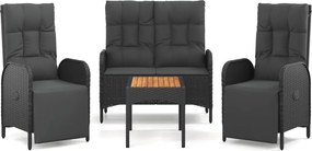 vidaXL Set mobilier de grădină cu perne, 4 piese, negru, poliratan