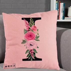 Cadou Personalizat - Perna Personalizata Monograma Florala Litera I, 40x40 cm, Roz, Husa Detasabila, Perna Inclusa, BEKZ®
