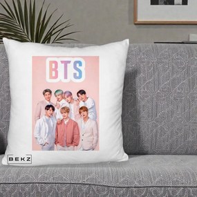 Perna Personalizata K-pop BTS Foto Grup cu BTS si Fond Roz Pastel, 40x40 cm, Alb Pufos, Husa Detasabila, Perna Inclusa, BEKZ®