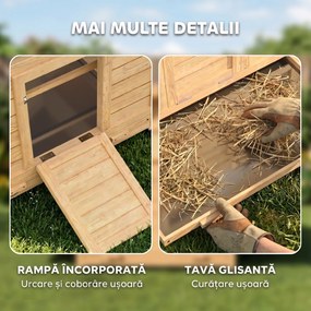 PawHut Coteț din Lemn cu 2 Căsuțe, Coteț pentru Găini de Exterior cu Acoperiș Impermeabil, Tavă Detașabilă și Bare, Adăpost pentru 2-4 Găini, Rațe, Grădină, 150x100x96,5 cm, Galben | Aosom Romania