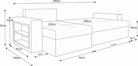 Canapea extensibila reversibila in forma de L NORIX 240x140 cm, gri inchis cu raft + 2 pernute GRATUIT