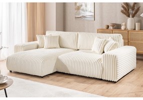 Colțar crem extensibil, cu spațiu de depozitare, cu tapițerie din catifea reiată (cu colț pe partea stângă) Sarina – Ropez