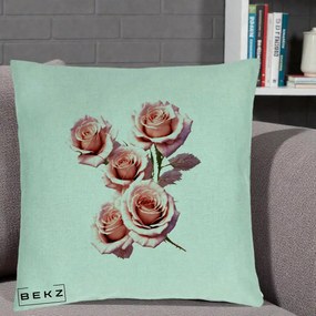 Perna Decorativa Trandafiri Roz Pastel Acuarela, 40x40 cm, Verde Menta, Husa Detasabila, Perna Inclusa, BEKZ®