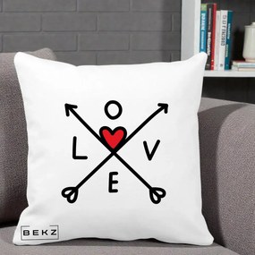 Perna Decorativa Love cu Sageti Incrucisate si Inima Rosie, 40x40 cm, Alba Mata, Husa Detasabila, Perna Inclusa, BEKZ®