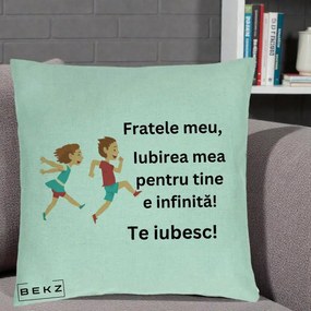 Cadou pentru Frate - Perna Personalizata Fratele Meu Te Iubesc Copii Alergand Colorat, 40x40 cm, Verde Menta, Husa Detasabila, Perna Inclusa, BEKZ®