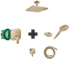 Set baterie de dus, Hansgrohe, Talis E, cu set de para, suport si furtun, palarie si brat de dus, cot racord si corp incastrat, bronz periat