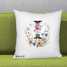 Cadou Personalizat - Perna Personalizata Monogram Litera I cu Flori Acuarela, 40x40 cm, Alb Pufos, Husa Detasabila, Perna Inclusa, BEKZ®