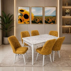 Set masa extensibila cu 6 scaune tapitate Homs cargold 250-30050 bejmarmurat-mustar,170 x 80 cm