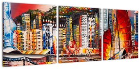 Tablou - Victoria Harbour, Hong Kong, pictură în ulei (cu ceas) (90x30 cm)