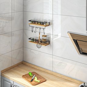 HOMCOM Set de 2 rafturi murale cu 6 cârlige detașabile și trăgaci, stil industrial pentru bucătărie, baie, lemn oțel | Aosom Romania