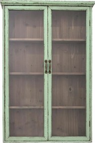 Vitrină de perete shabby chic din lemn masiv, verde, cu 2 uși vitrate, 3 rafturi și mânere curbate, finisaj antichizat, 122 x 81 x 18 cm, „Hazem”