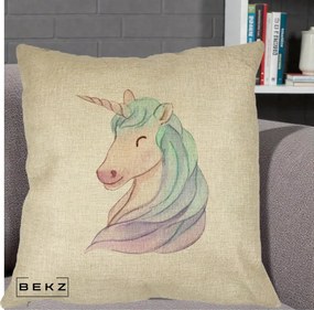 Perna Decorativa Unicorn Acuarela Pastel, 40x40 cm, Crem, Husa Detasabila, Perna Inclusa, BEKZ®